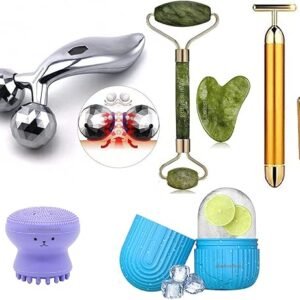 Face Massager Jade Roller & Gua Sha Tool 100% Natural Stone, 3D Manual Body Massager, T Shape Gold Energy Beauty Bar Vibration Facial Massager. Ice...