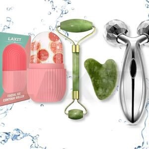 Face Stone Roller Massager with Gua Sha Jade Stone,Ice Roller and 3D Massager Roller Set Facial Combo For Skin Eye Body Ice Cube Women Men Reusable...