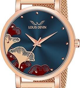 LOUIS DEVIN Rose Gold Plated Mesh Chain Analog Wrist Watch for Women (Black/Blue/Rose Gold Dial) | RG162