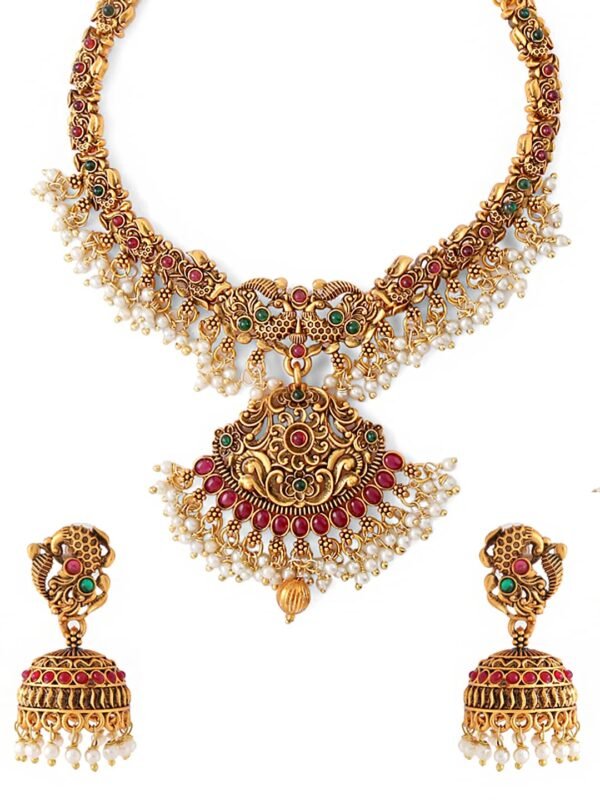 Yellow Chimes Necklace Set For Women And Girls Traditional Jewellery set for women Gold-Plated Temple Necklace Set Stone-Studded Necklace Set For...