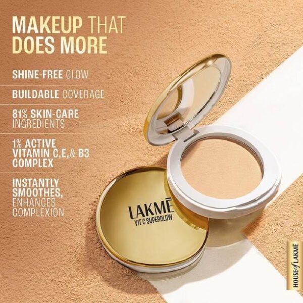 Lakmé Makeup+Skincare VitC Superglow Skin Perfecting Compact Sand16 Compact - Image 8