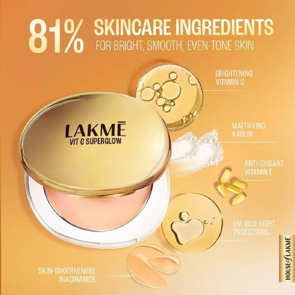 Lakmé Makeup+Skincare VitC Superglow Skin Perfecting Compact Sand16 Compact - Image 9