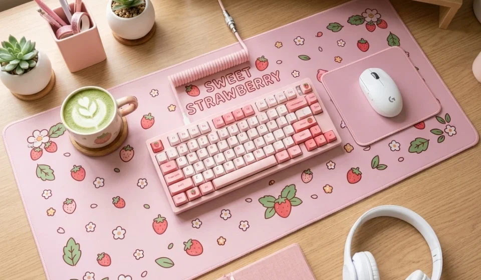 kawaii pink large gaming desk mat mousepad non slip rubber base