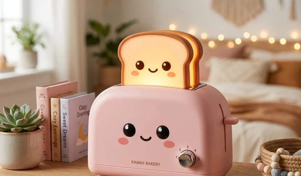 kawaii bread toaster night light retro yellow bedside lamp cozy glow