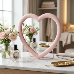 aesthetic heart desktop mirror pink vanity table bedroom decor