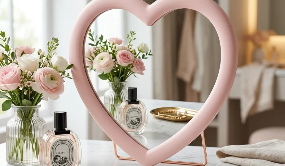 aesthetic heart desktop mirror pink vanity table bedroom decor