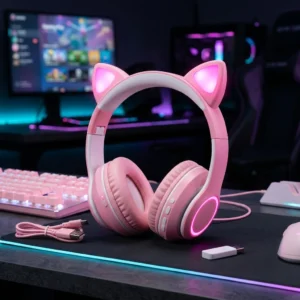 cute cat ear led bluetooth headphones pink wireless headset