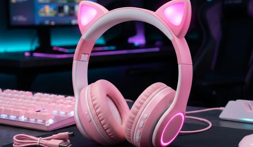 cute cat ear led bluetooth headphones pink wireless headset