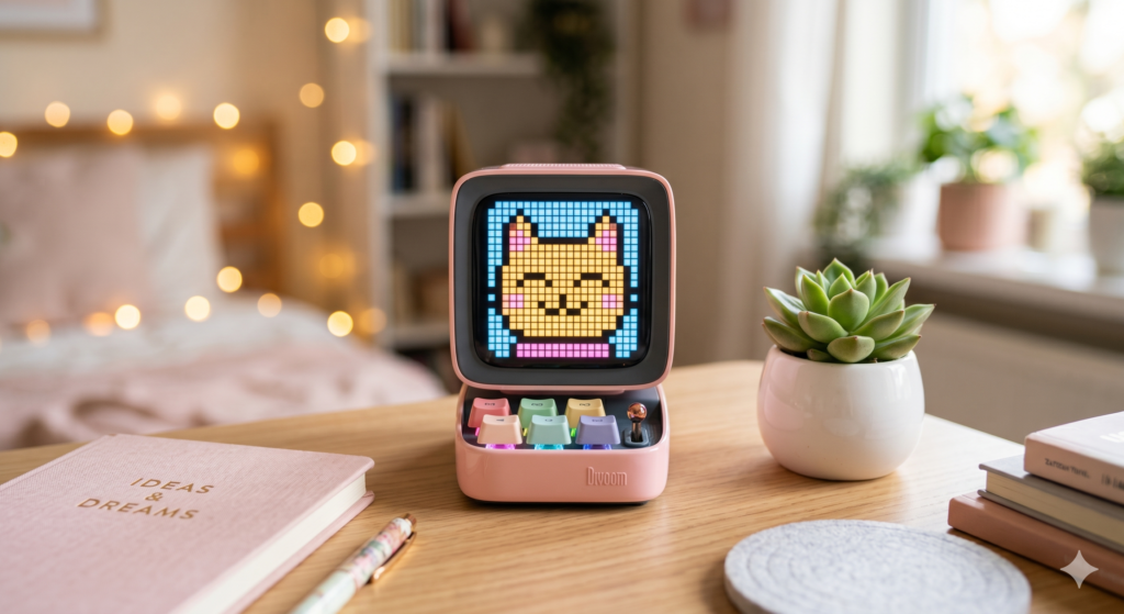 kawaii retro pixel art bluetooth speaker pink desk setup