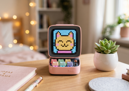 kawaii retro pixel art bluetooth speaker pink desk setup