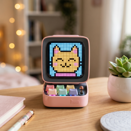 kawaii retro pixel art bluetooth speaker pink desk setup
