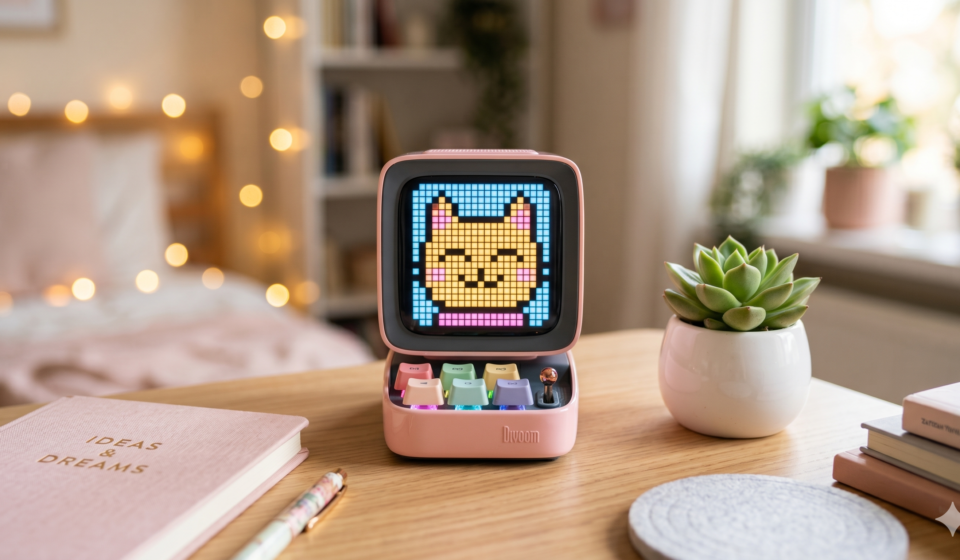 kawaii retro pixel art bluetooth speaker pink desk setup