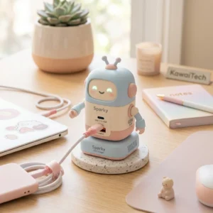 cute robot 65w gan fast charger with led eyes desk charging station