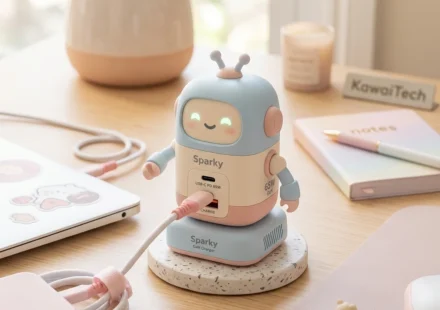cute robot 65w gan fast charger with led eyes desk charging station