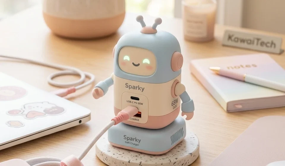 cute robot 65w gan fast charger with led eyes desk charging station